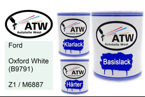 Ford, Oxford White (B9791), Z1 / M6887: 1L Lackdose + 1L Klarlack + 500ml Härter - Set, von ATW Autoteile West.